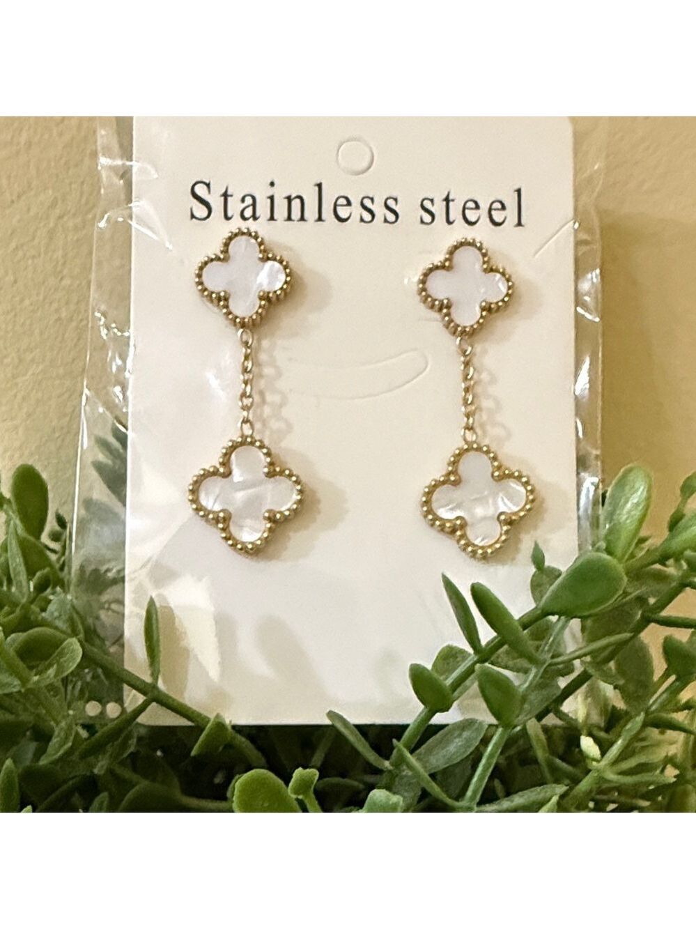 true stainless Steel Dangle earrings White clover earrings